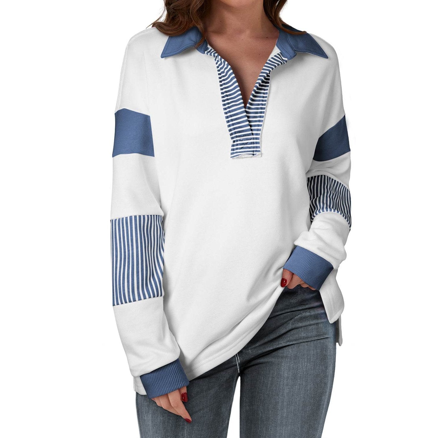 Dark Blue Striped Colorblock Patchwork Collar Sweatshirt - VacationGrabs