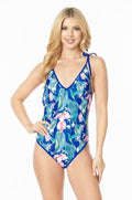 One Piece Bathing Suit Floral Print Shouler Top Ti - VacationGrabs