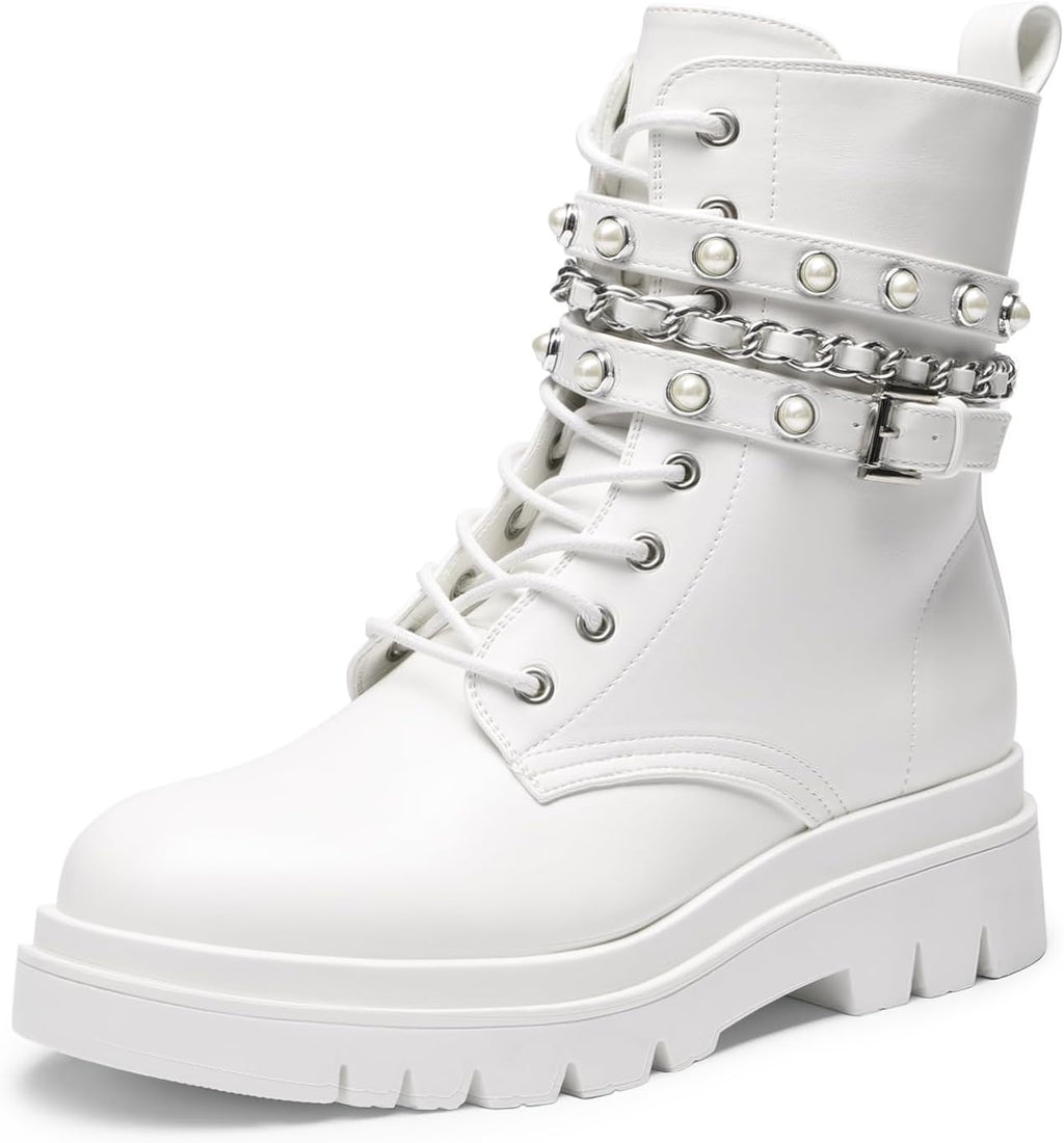 Women's Chunky Heel Combat Ankle Boots with Chain & Pearls
