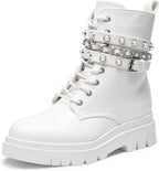 Women's Chunky Heel Combat Ankle Boots with Chain & Pearls