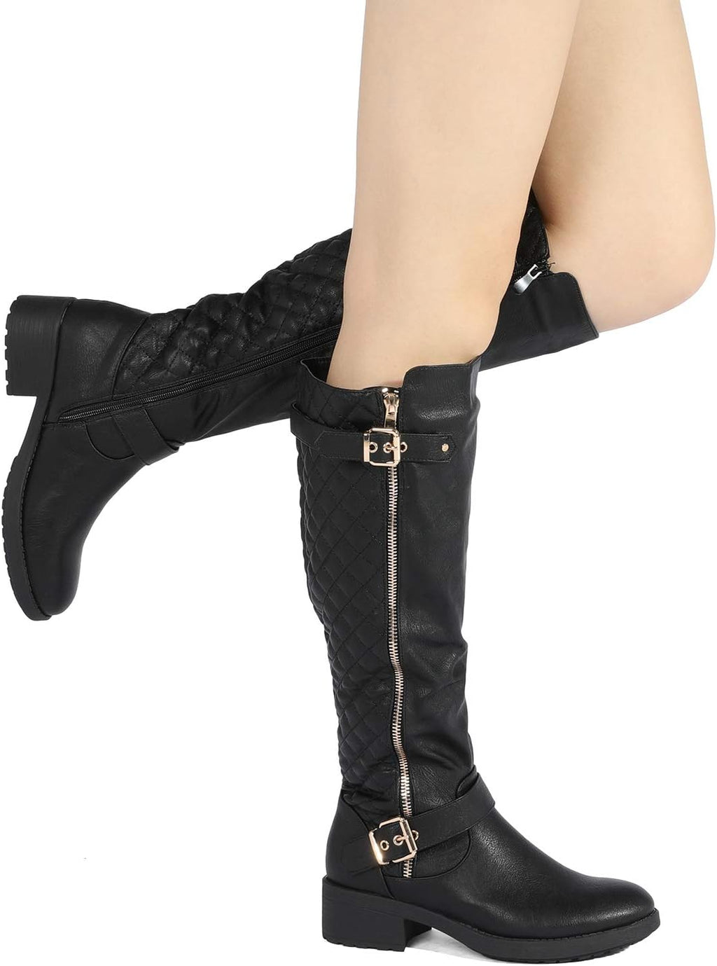 Women's Wide Calf Knee High Moto Boots with Faux Fur Lining