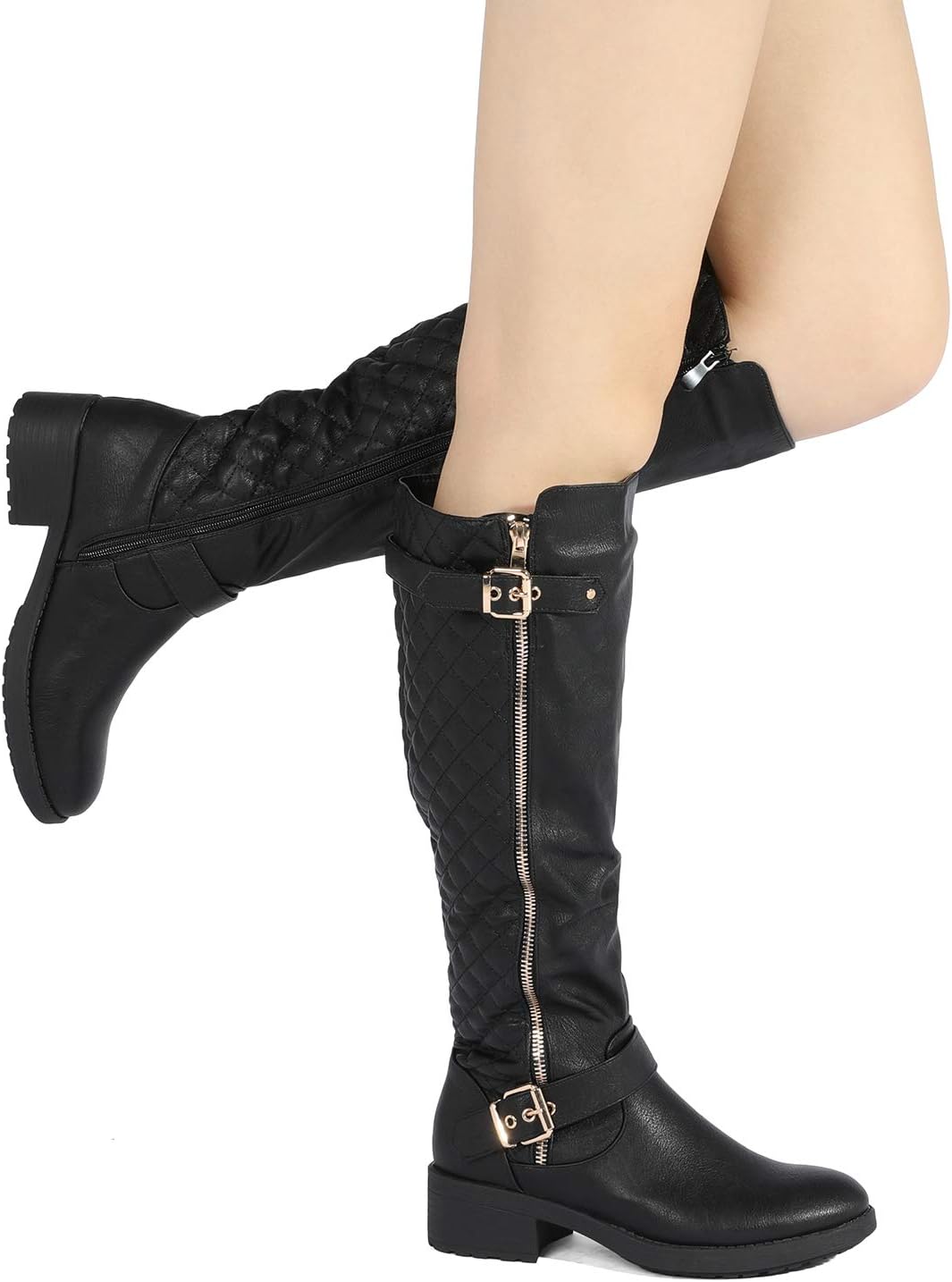 Women's Wide Calf Knee High Moto Boots with Faux Fur Lining