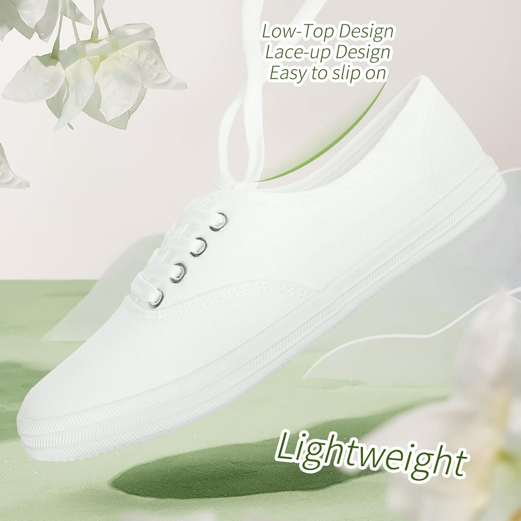 Women's White Canvas Low Top Lace-Up Sneakers for Travel