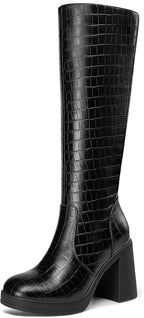 Women's Knee High Platform Boots, Wide Calf, Side Zip