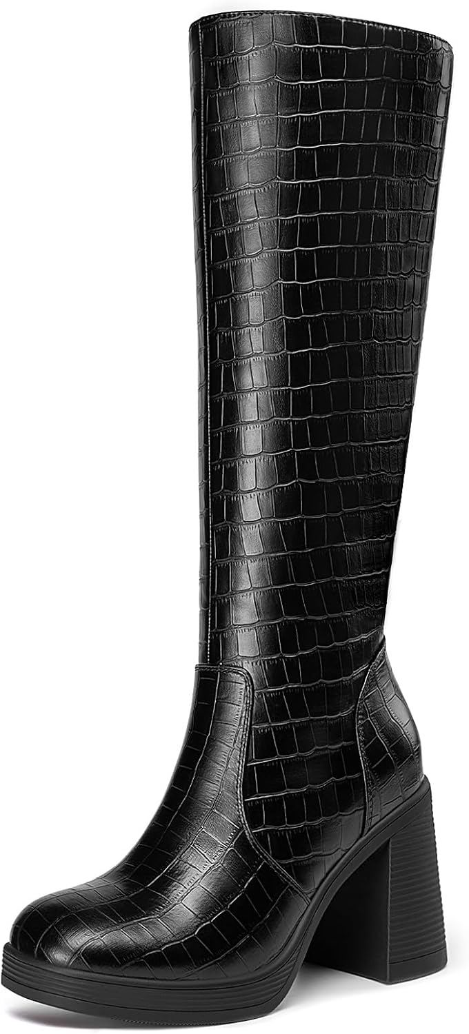 Women's Knee High Platform Boots, Wide Calf, Side Zip