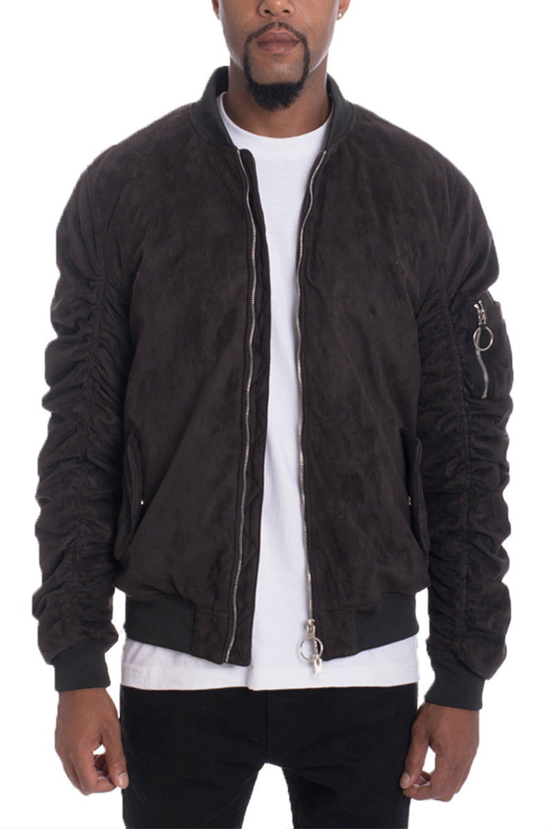 Faux Suede Bomber Jacket with Utility Sleeve Pocket