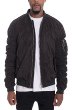 Faux Suede Bomber Jacket with Utility Sleeve Pocket