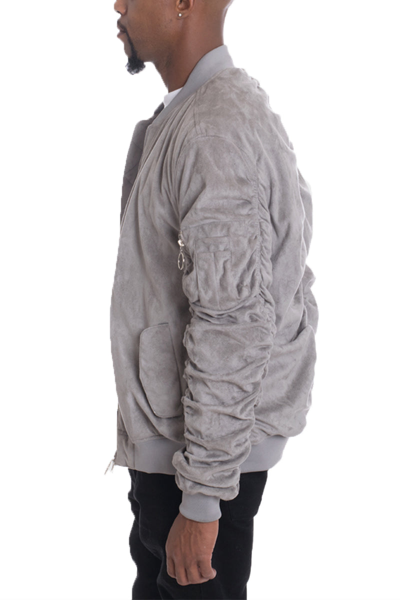 Faux Suede Bomber Jacket with Utility Sleeve Pocket