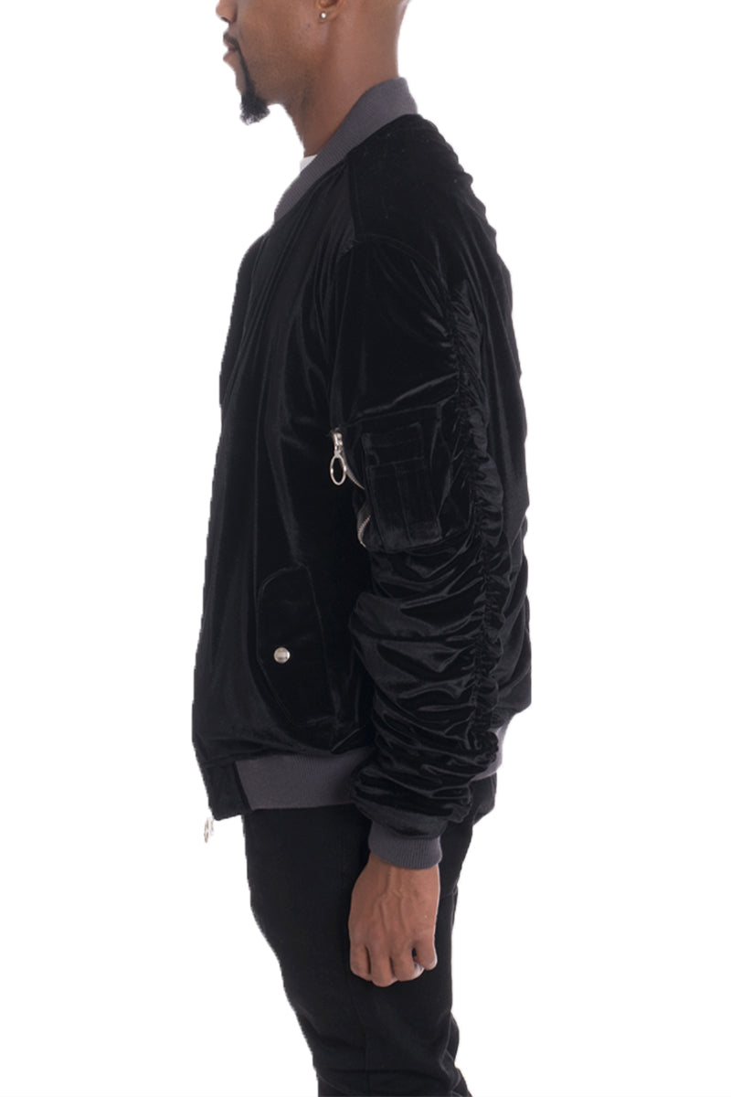 Velour Bomber Jacket with Zipper Pocket & Ribbed Trim
