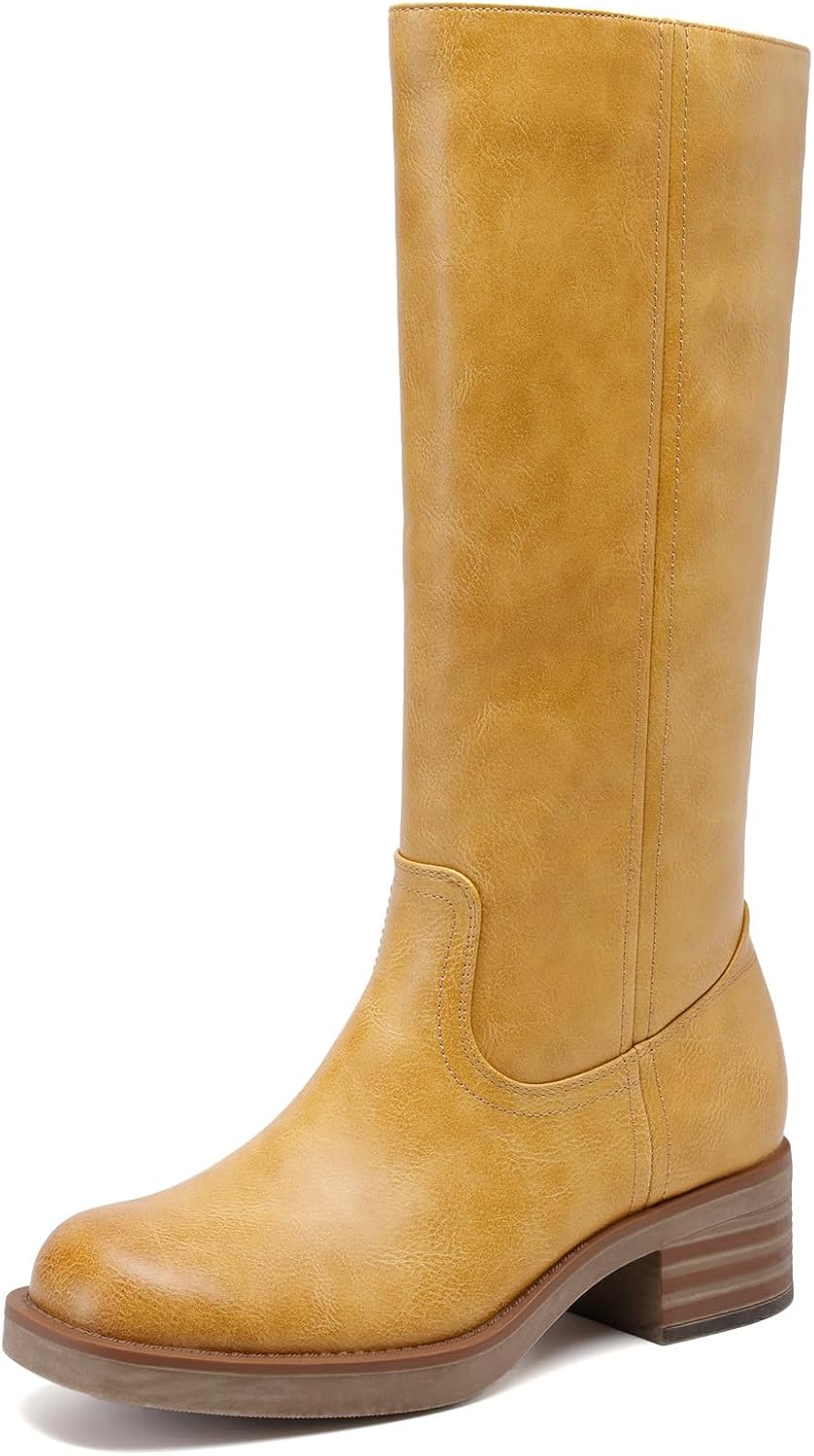 Women's Knee High Block Heel Riding Boots, Square Toe