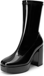 Women's Mid Calf Platform Gogo Boots with Chunky Heel