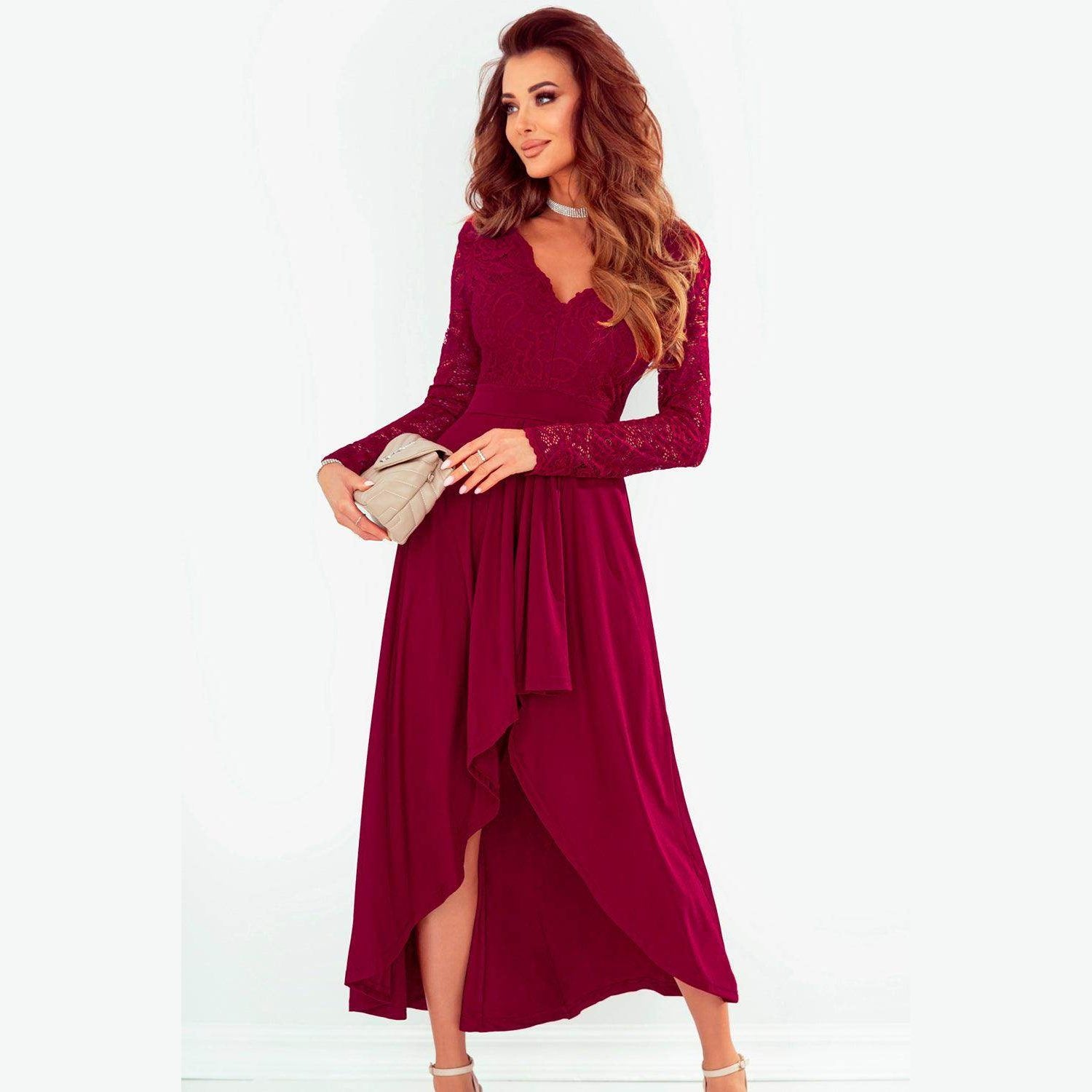 Lace High-Low V-Neck Dress - VacationGrabs