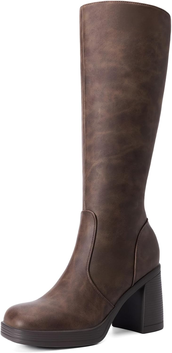 Women's Black Knee High Platform Boots with Inside Zip