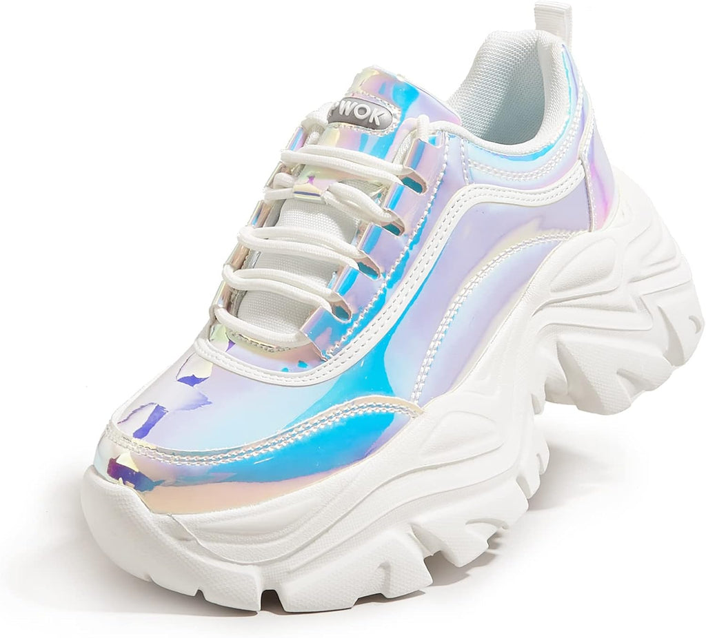 Women's White Platform Chunky Sneakers, Memory Foam Insole