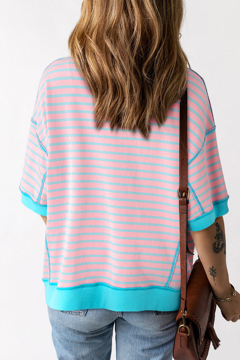 Women's Shirts - T-ShirtsPink Stripe Oversized Contrast Trim Exposed Seam High Low T - VacationGrabs