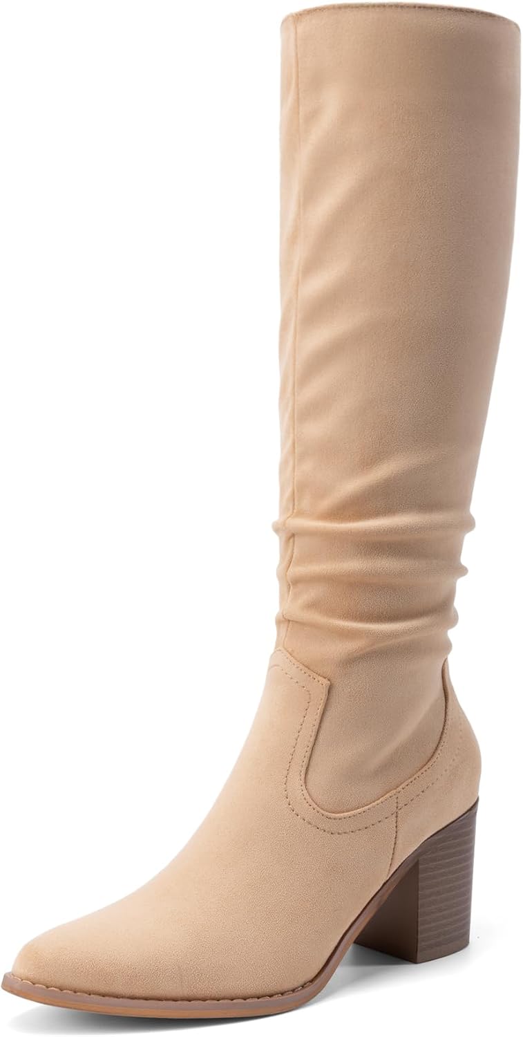 Women's Knee-High Chunky Heel Boots, Slouchy Suede-Look