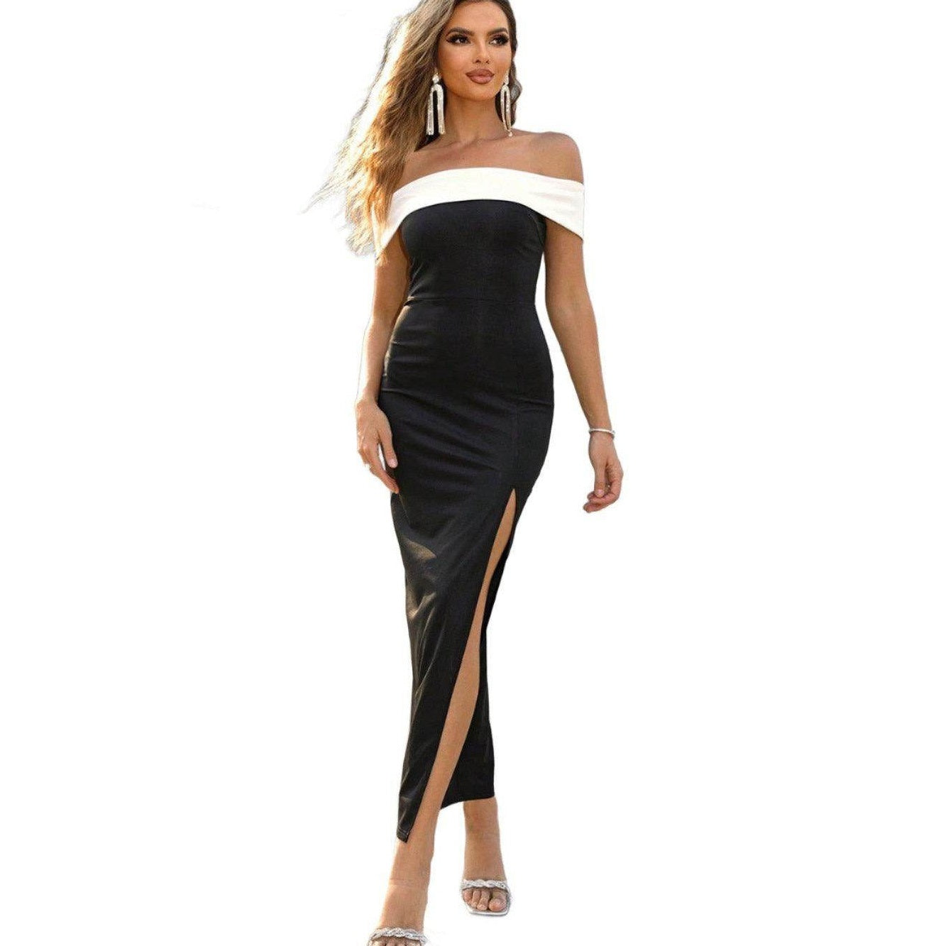 Contrast Off-Shoulder Slit Dress - VacationGrabs