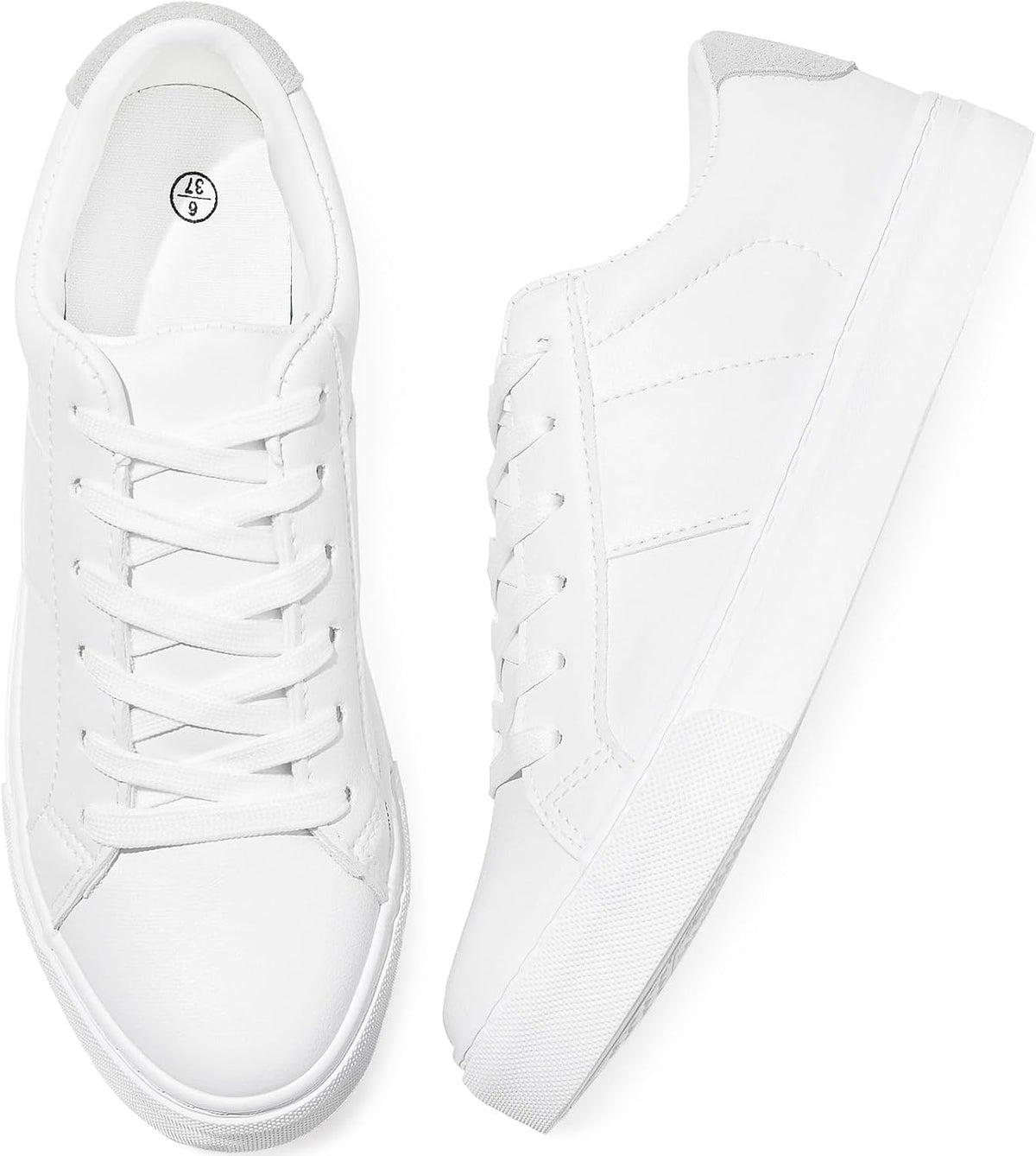 Women's White Low Top Sneakers, PU Leather Lace-Up Shoes
