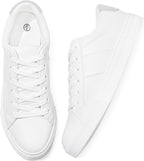 Women's White Low Top Sneakers, PU Leather Lace-Up Shoes