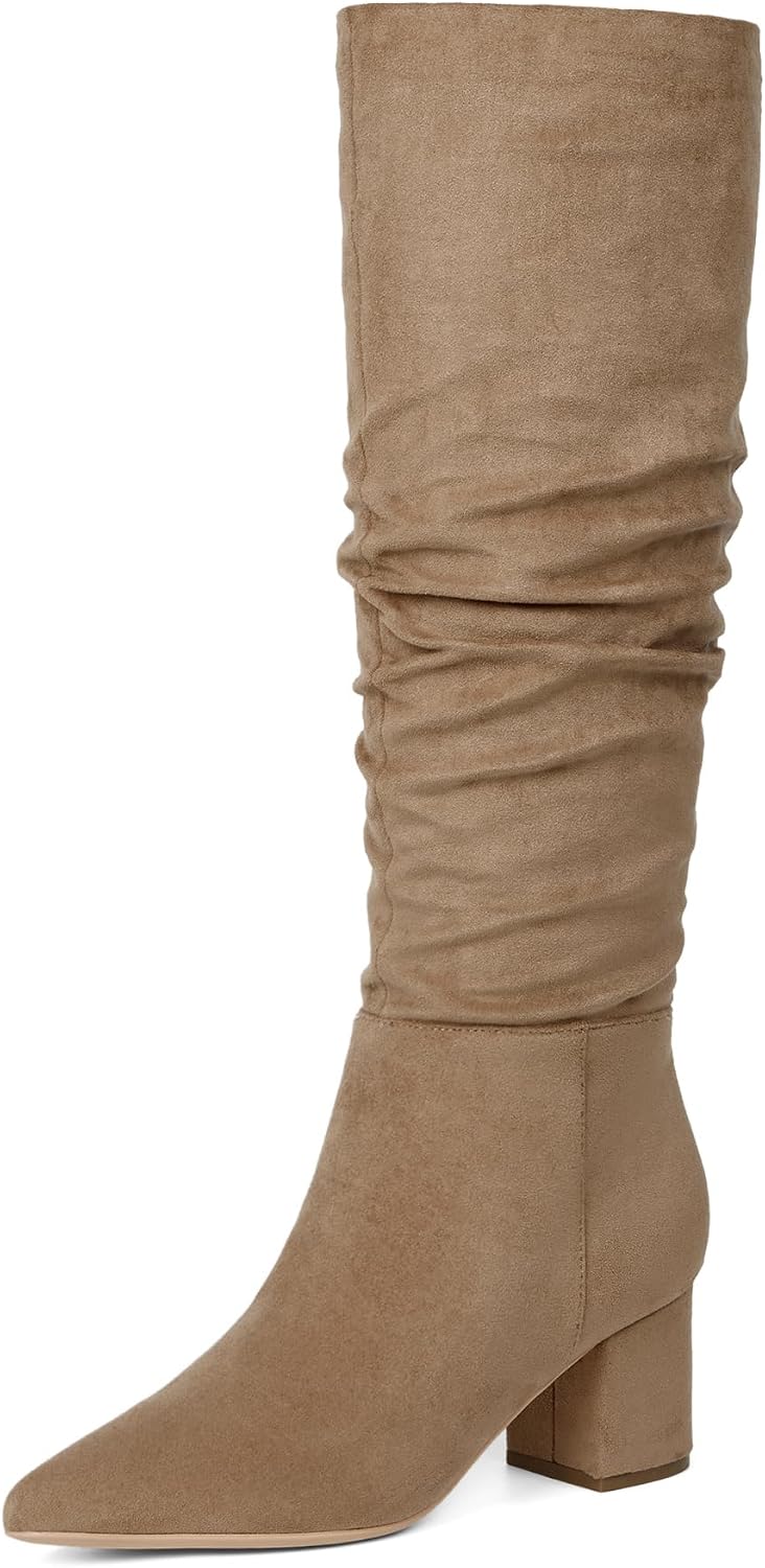 Women's Brown Knee High Boots with Chunky Low Block Heel