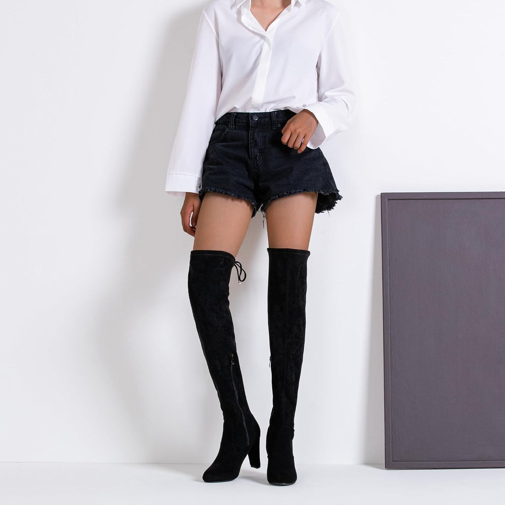 Women's Suede Thigh High Boots with 3.5" Block Heel