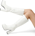 Women's White Gogo Platform Knee High Boots, Patent Finish