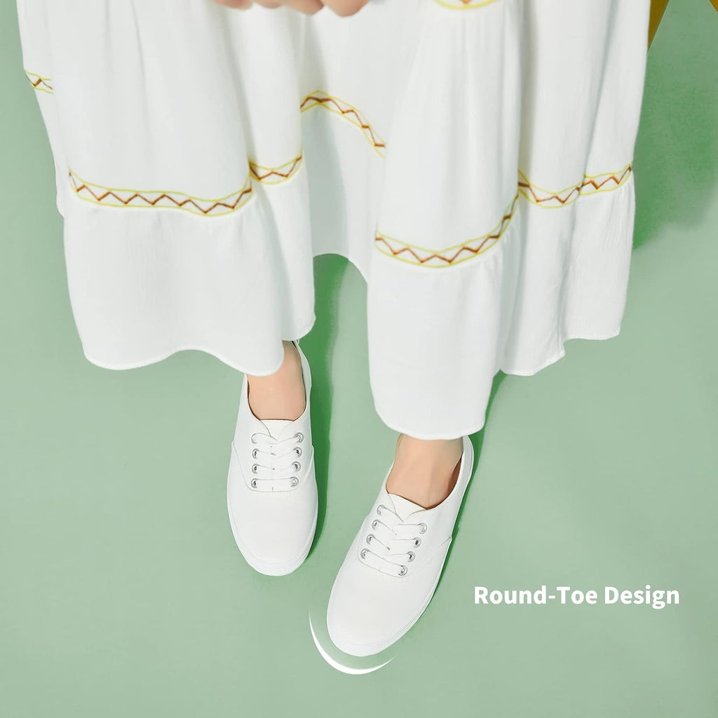 Women's White Canvas Low Top Lace-Up Sneakers for Travel