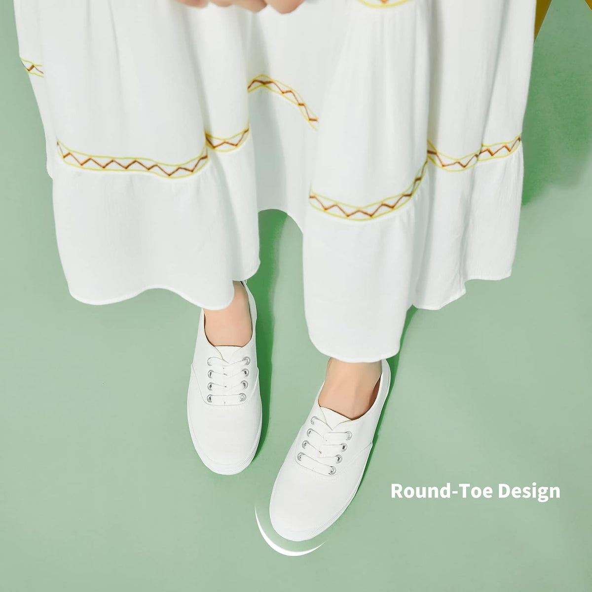 Women's White Canvas Low Top Lace-Up Sneakers for Travel