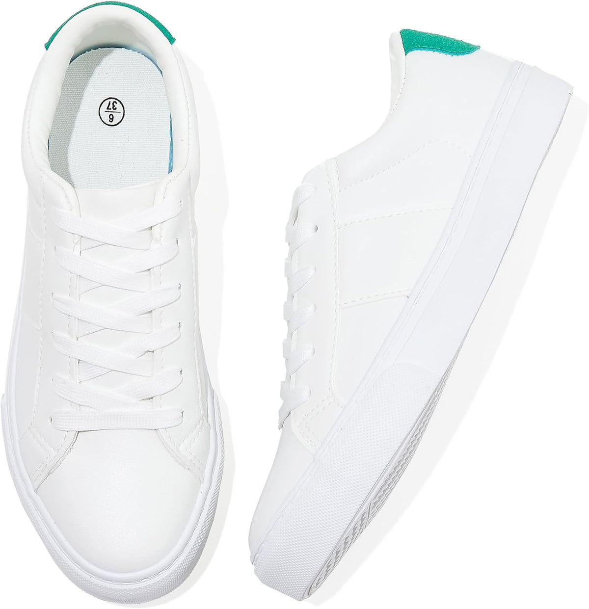 Women's White Low Top Sneakers, PU Leather Lace-Up Shoes