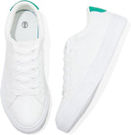 Women's White Low Top Sneakers, PU Leather Lace-Up Shoes