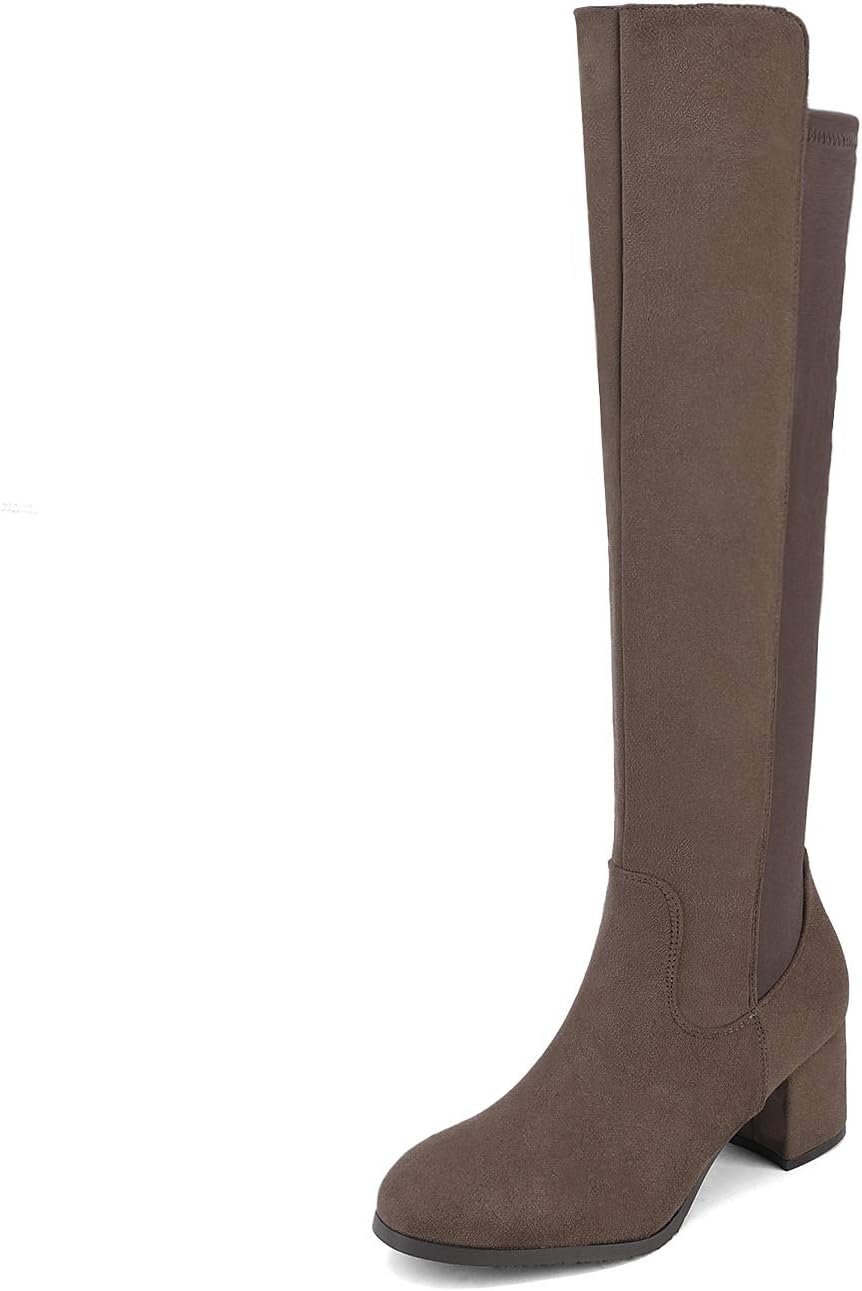 Women's Black Knee High Boots with Stretch & Block Heel