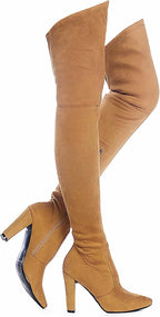 Women's Over-the-Knee Stretch Suede Boots with Chunky Heel