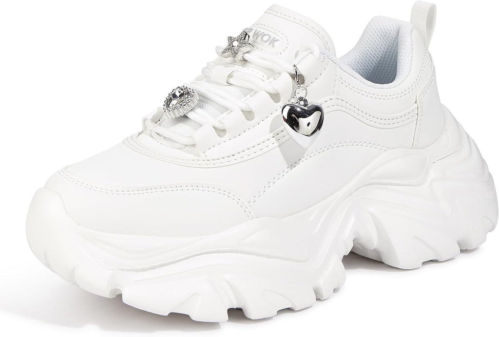 Women's White Platform Chunky Sneakers, Memory Foam Insole