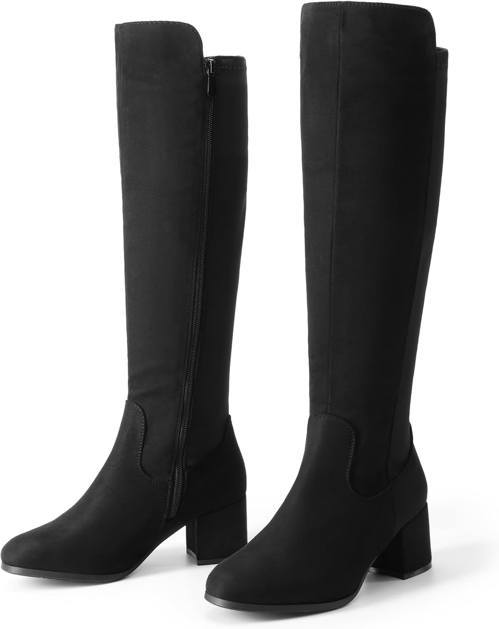 Women's Black Knee High Boots with Stretch & Block Heel