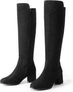 Women's Black Knee High Boots with Stretch & Block Heel