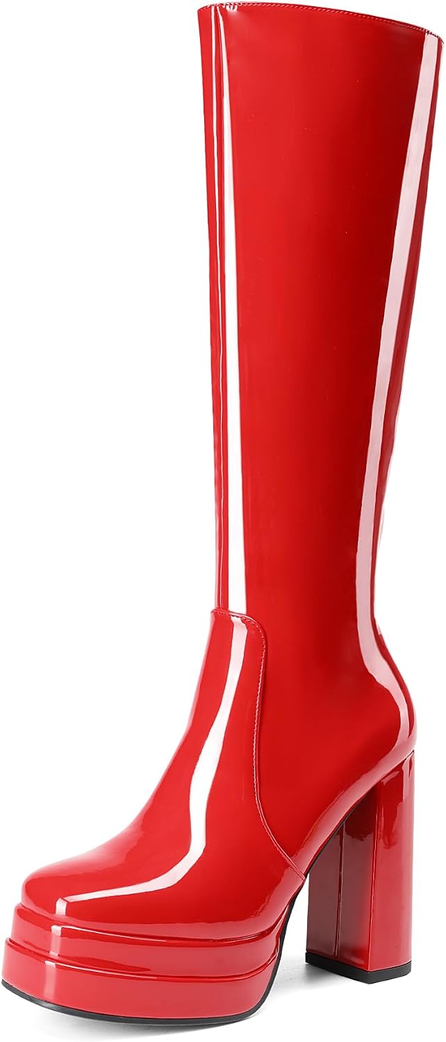 Women's White Gogo Platform Knee High Boots, Patent Finish