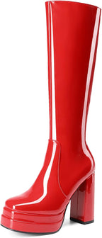 Women's White Gogo Platform Knee High Boots, Patent Finish