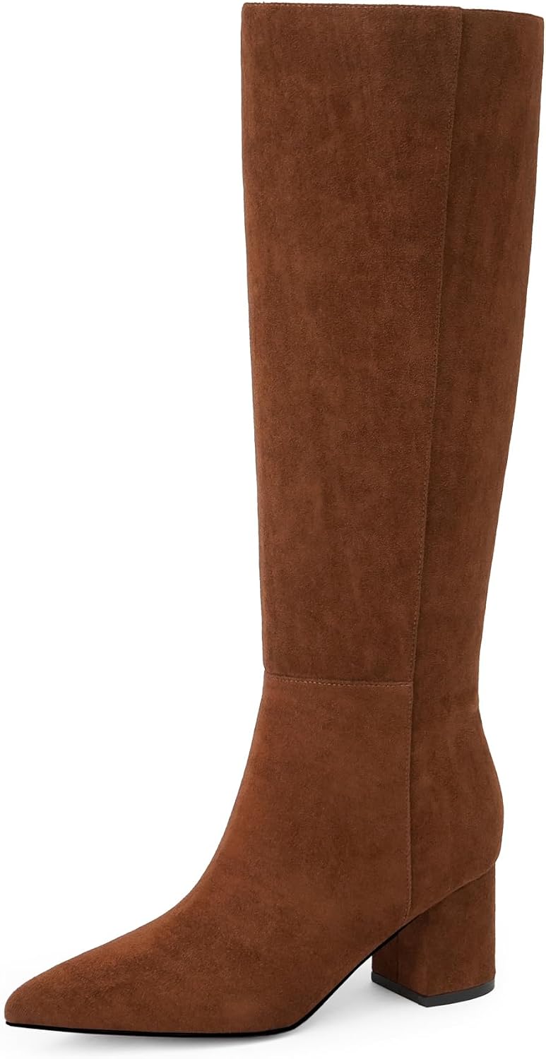 Women's Brown Knee High Boots with Chunky Low Block Heel