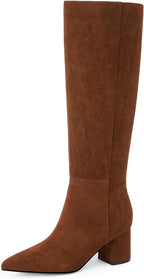 Women's Brown Knee High Boots with Chunky Low Block Heel