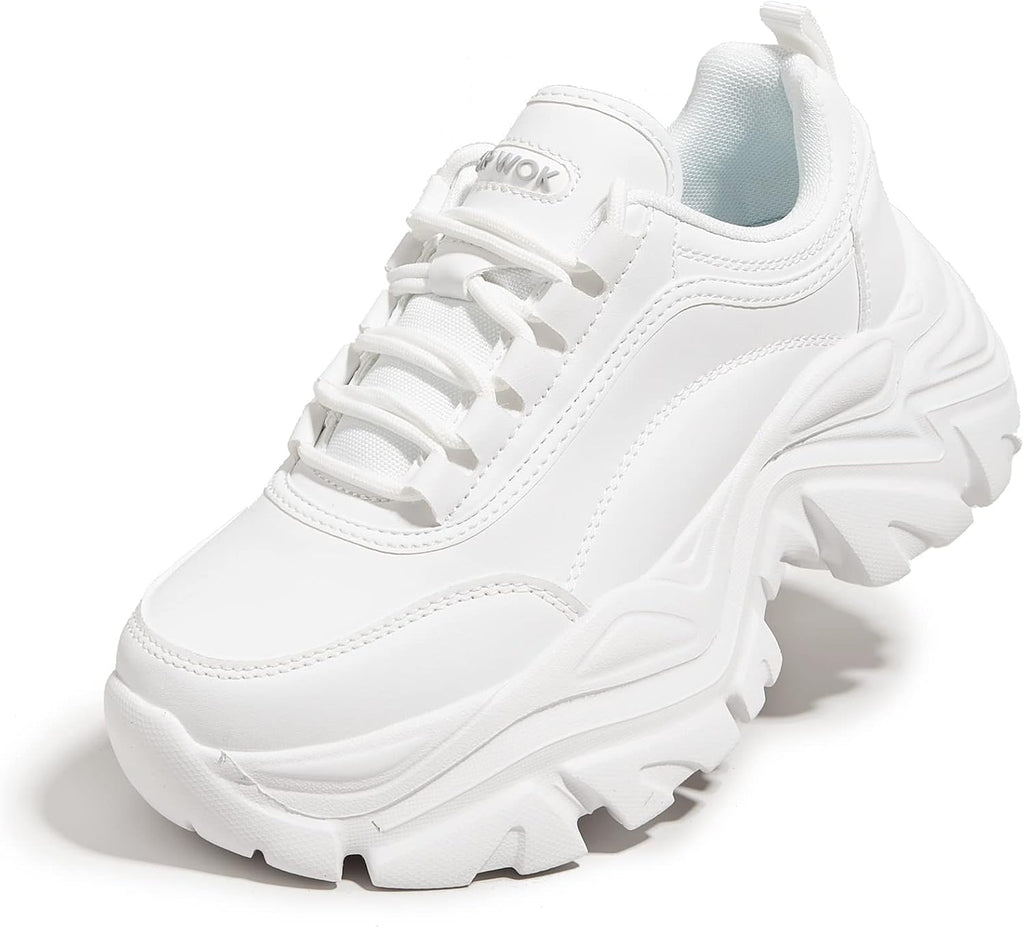 Women's White Platform Chunky Sneakers, Memory Foam Insole