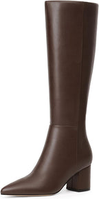 Women's Brown Knee High Boots with Chunky Low Block Heel