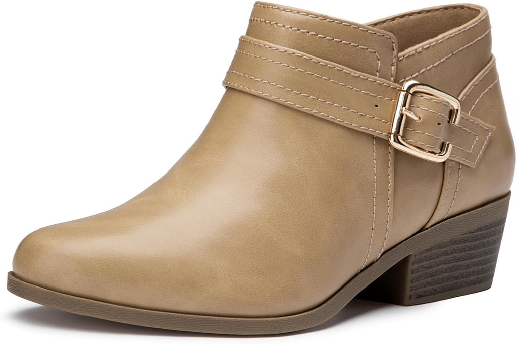 Women's Chunky Heel Ankle Boots with Zip & Metal Buckle