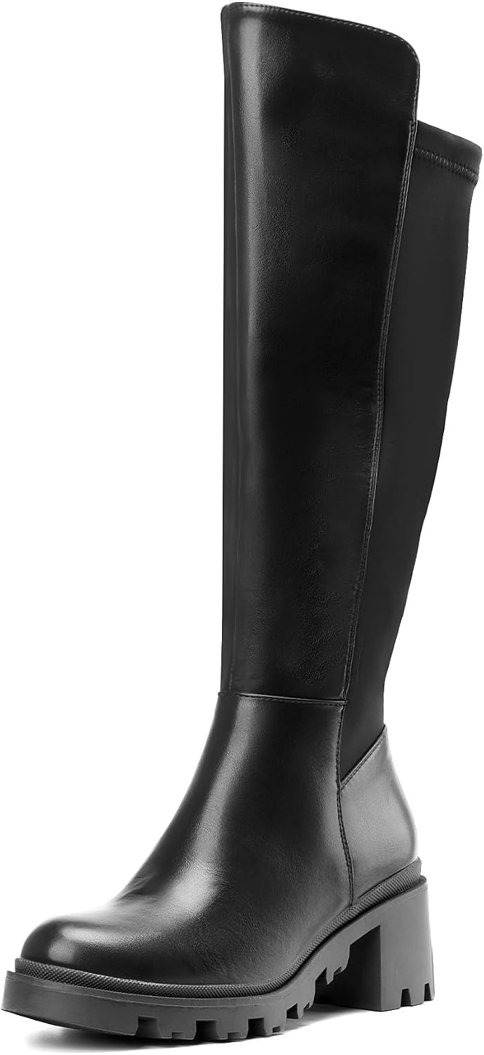 Women's Black Platform Knee High Boots with Lug Sole