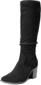 Women's Knee-High Chunky Heel Boots, Slouchy Suede-Look