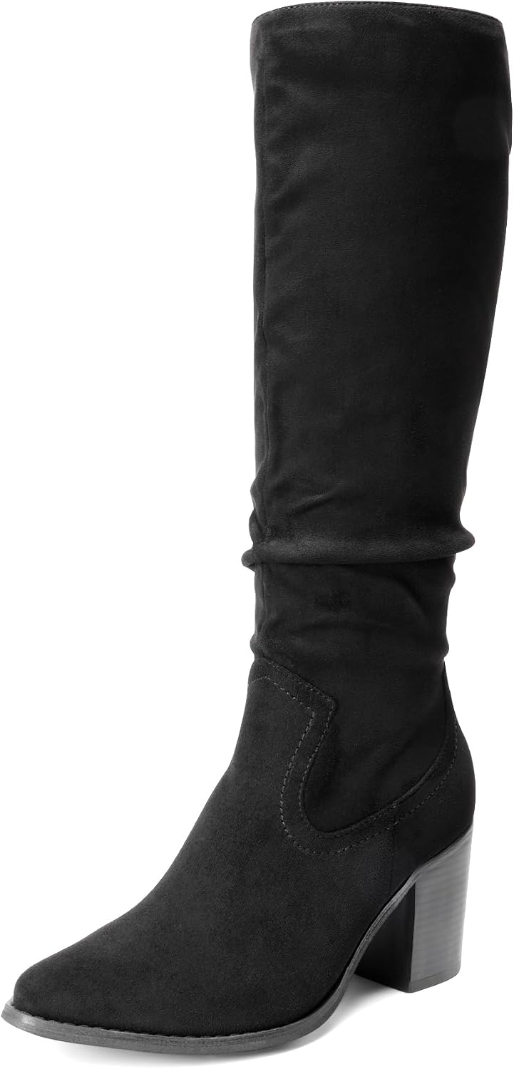 Women's Knee-High Chunky Heel Boots, Slouchy Suede-Look
