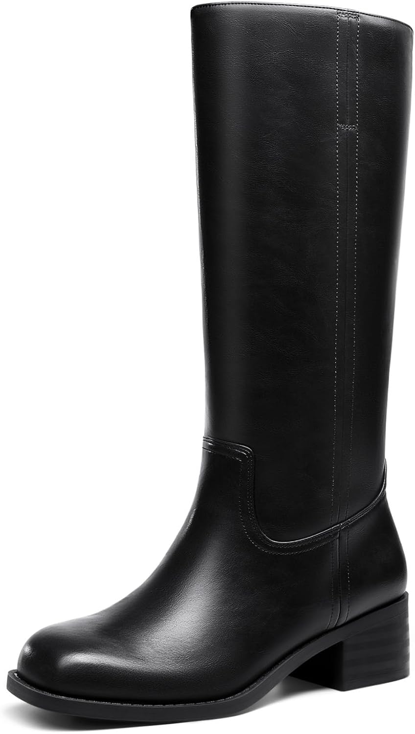 Women's Knee High Boots with Chunky Block Heel, Square Toe