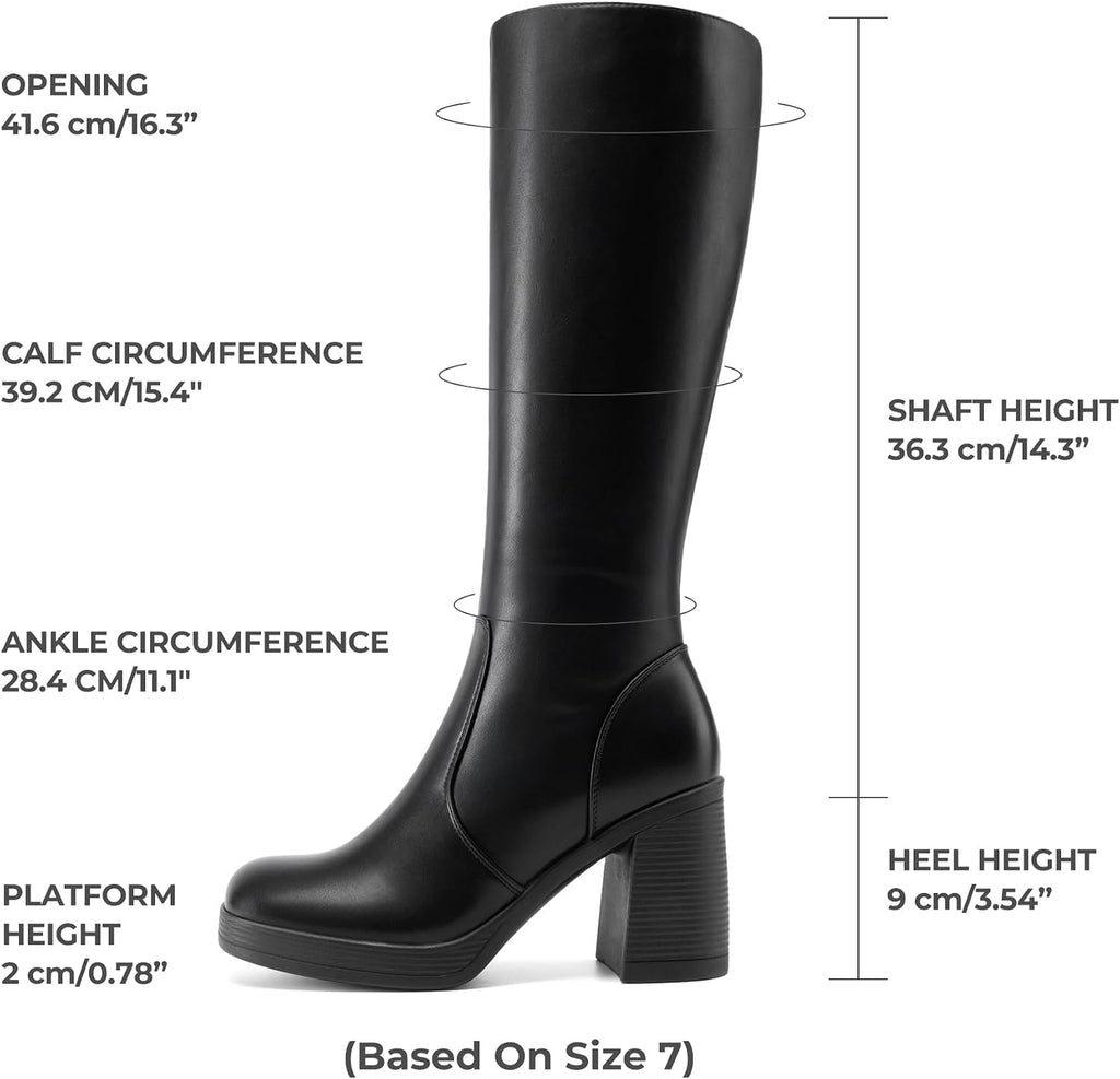 Women's Black Knee High Platform Boots with Inside Zip