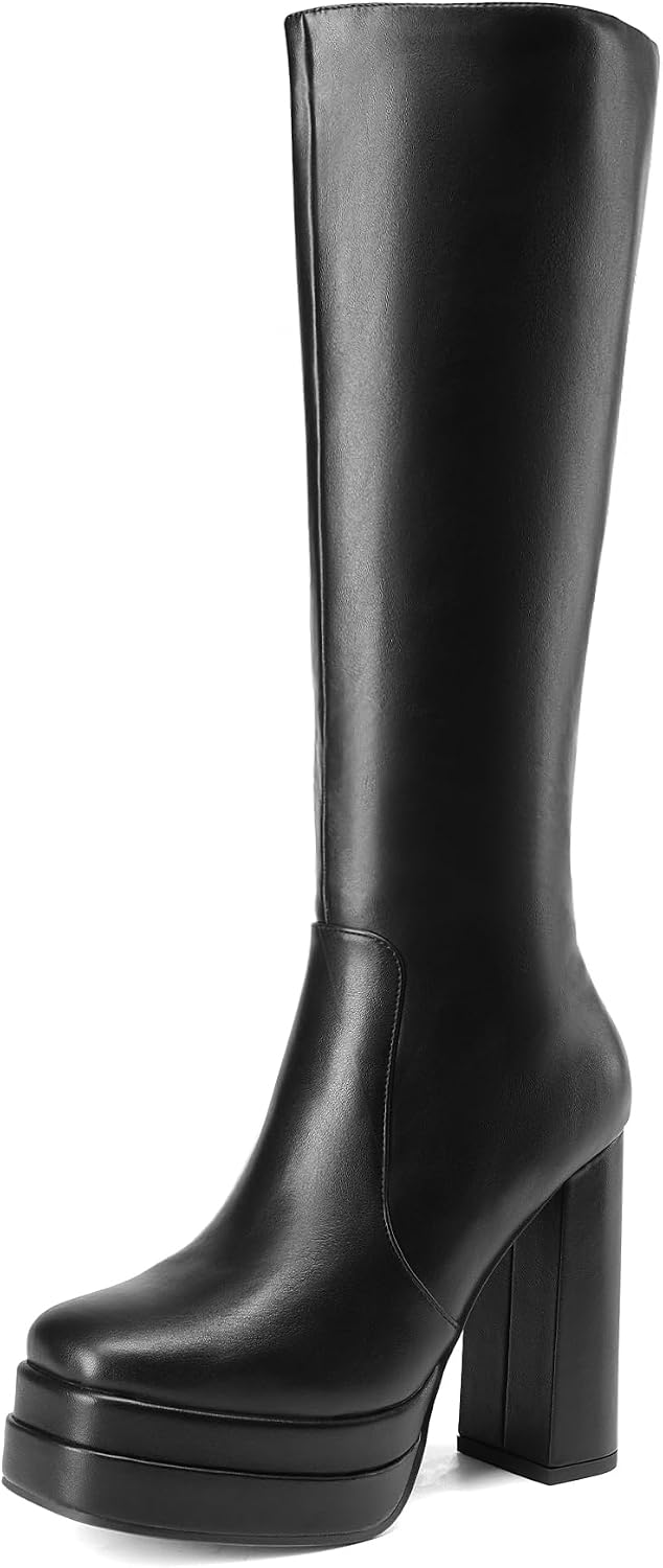 Women's White Gogo Platform Knee High Boots, Patent Finish