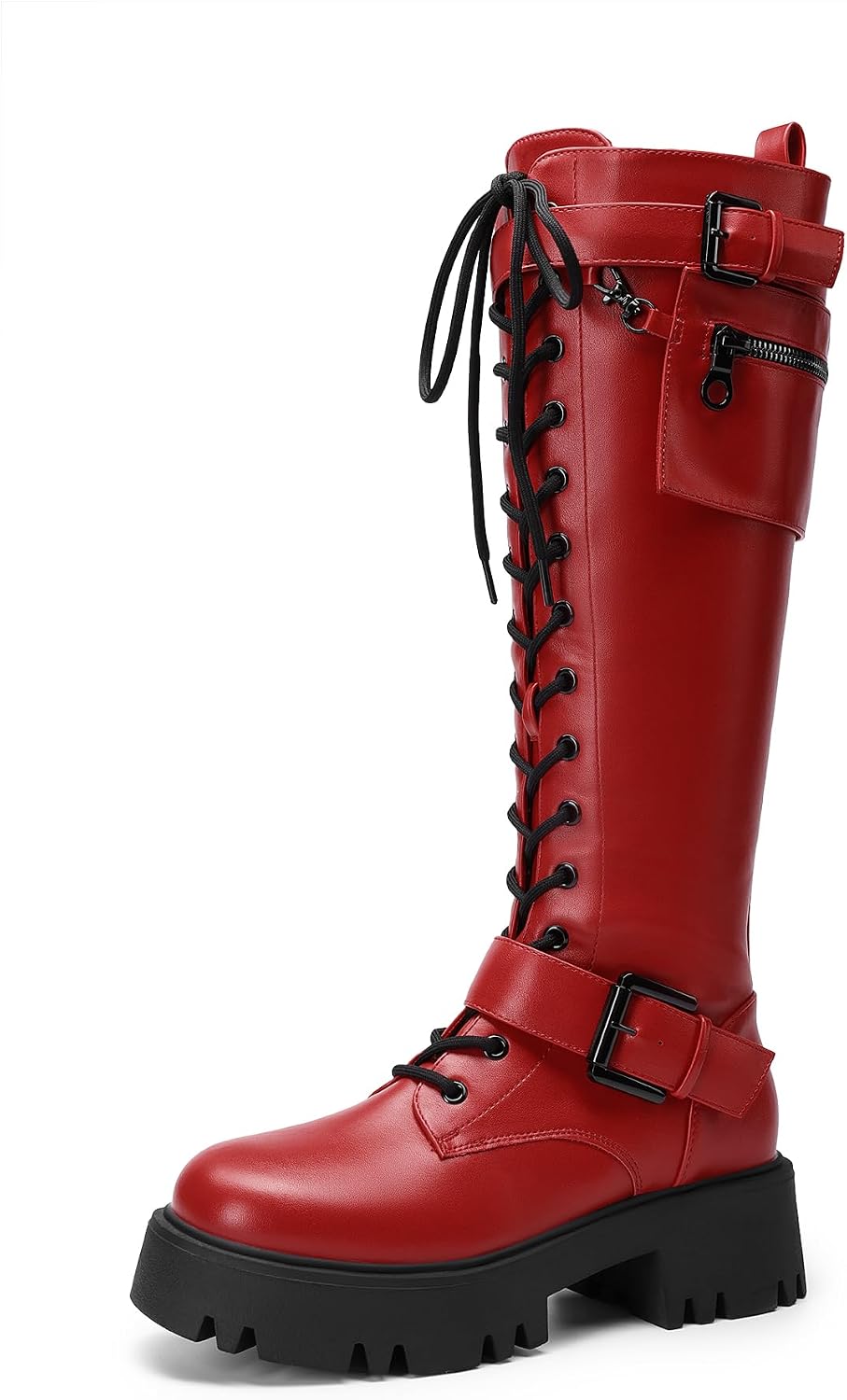 Women's Knee High Platform Combat Boots with Lace-Up Front