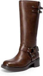 Women's Moto Knee High Boots with Block Heel & Buckles